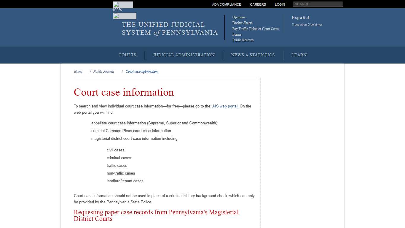Court case information Public Records Unified Judicial System of Pennsylvania